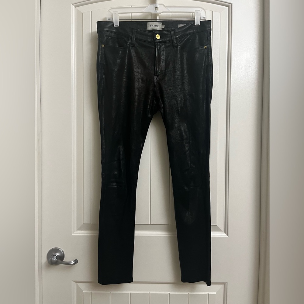 FRAME Le Skinny de Jeanne Lamb Leather Pant in Washed Black, Size 30